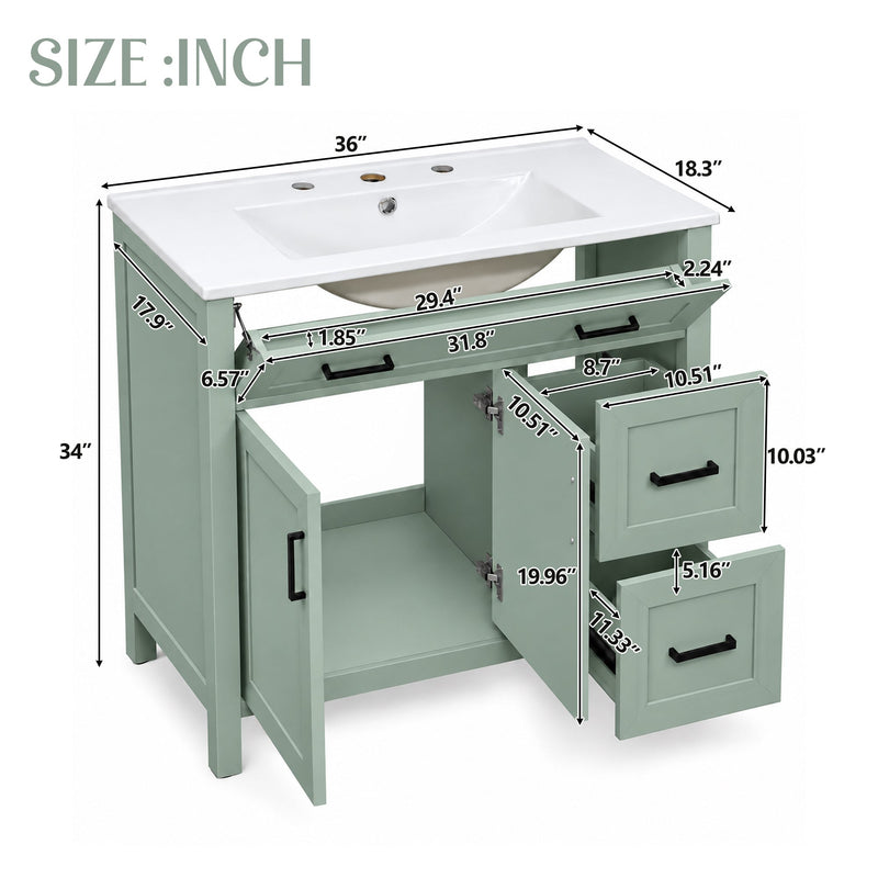 36-Inch Bathroom Vanity with Ceramic Sink, Soft-Close Doors, Sage Green, photo 10 of 10