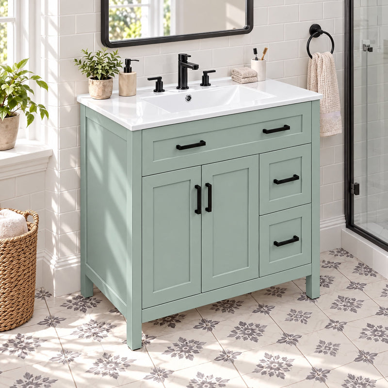 36-Inch Bathroom Vanity with Ceramic Sink, Soft-Close Doors, Sage Green, photo 2 of 10