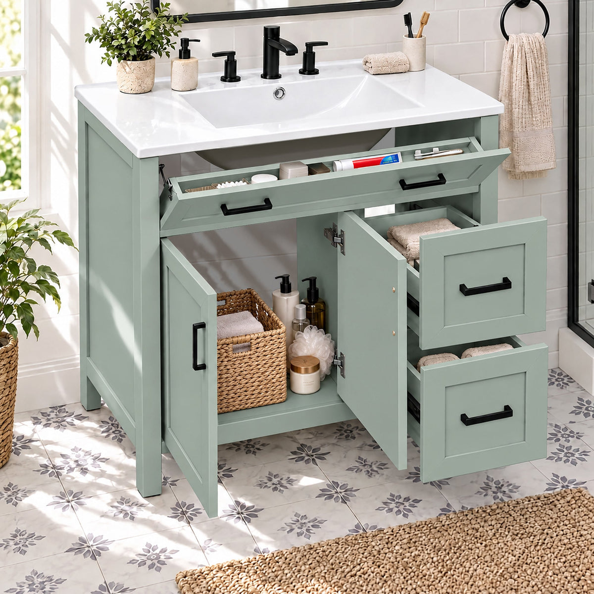 36-Inch Bathroom Vanity with Ceramic Sink, Soft-Close Doors, Sage Green, photo 3 of 10