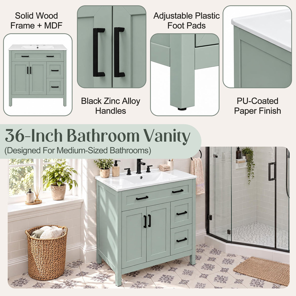 36-Inch Bathroom Vanity with Ceramic Sink, Soft-Close Doors, Sage Green, photo 4 of 10