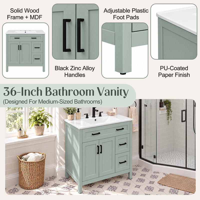 36-Inch Bathroom Vanity with Ceramic Sink, Soft-Close Doors, Sage Green, photo 4 of 10