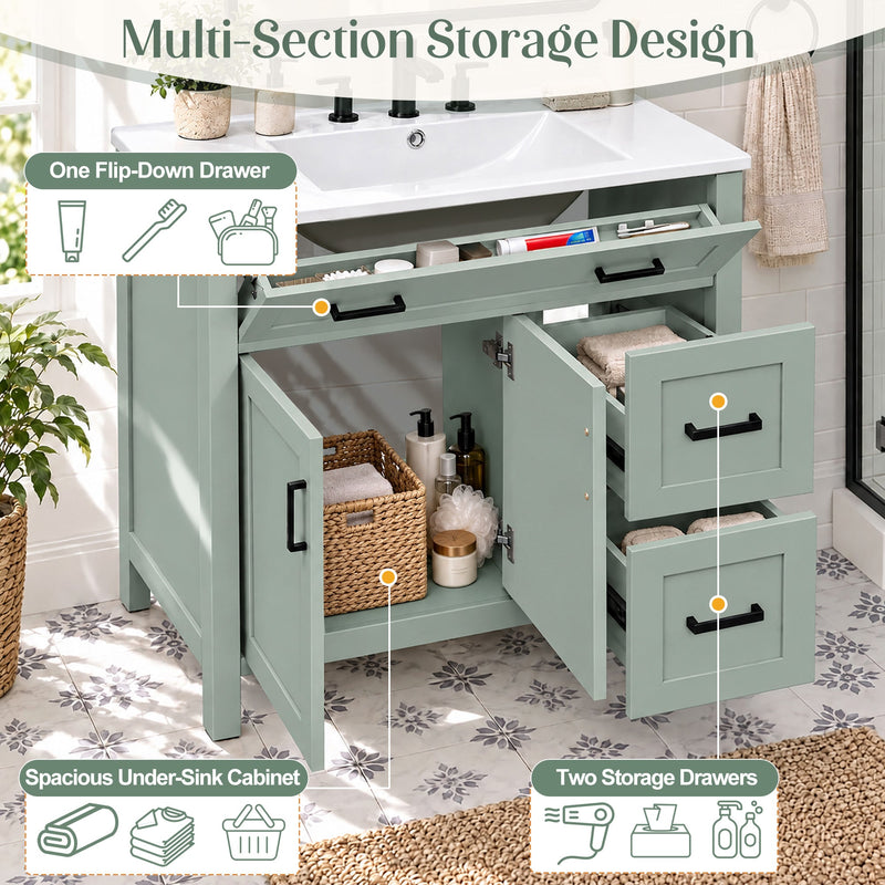 36-Inch Bathroom Vanity with Ceramic Sink, Soft-Close Doors, Sage Green, photo 5 of 10