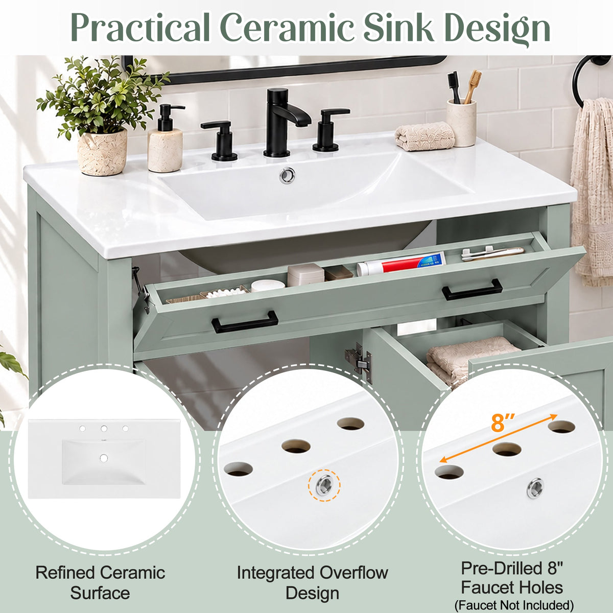 36-Inch Bathroom Vanity with Ceramic Sink, Soft-Close Doors, Sage Green, photo 6 of 10
