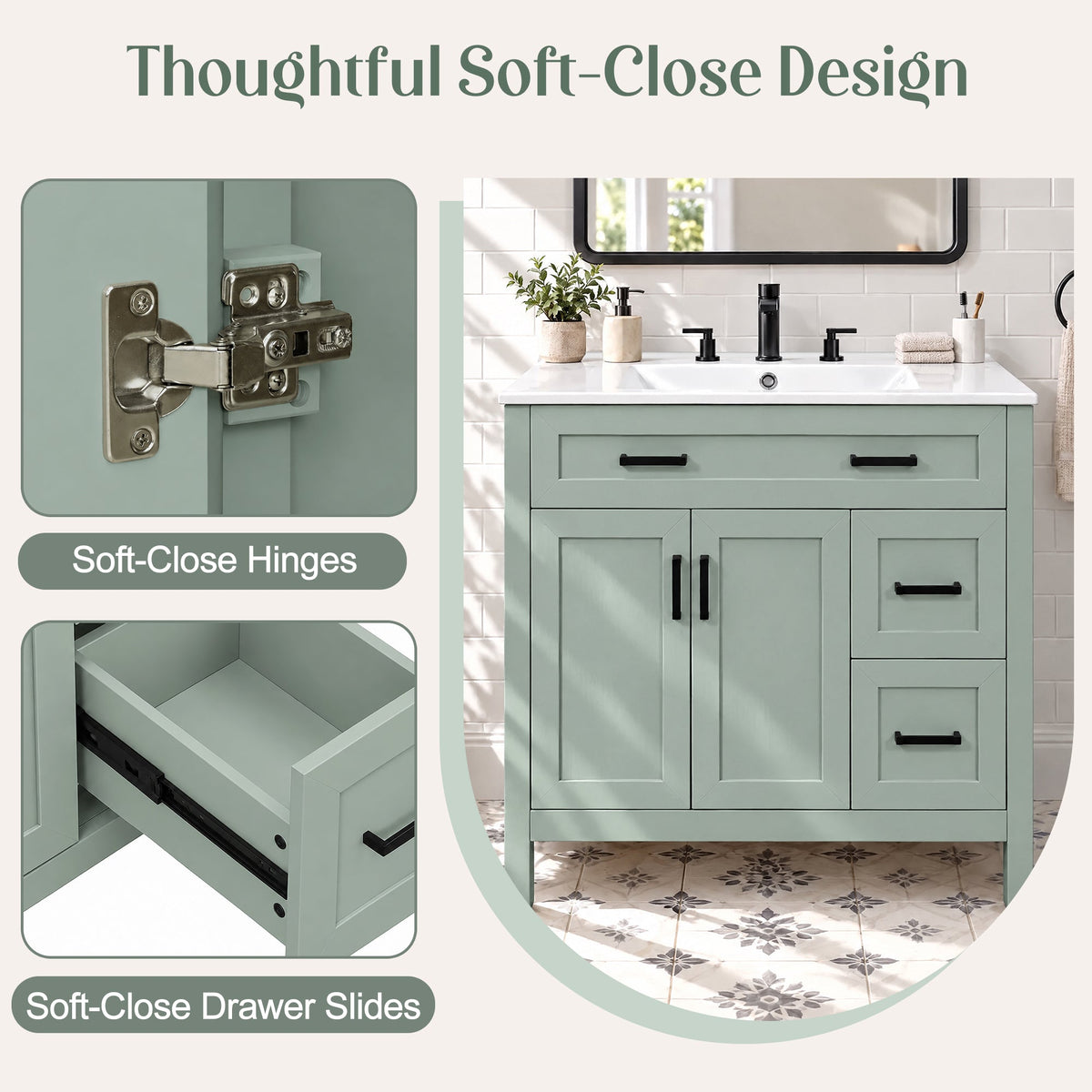 36-Inch Bathroom Vanity with Ceramic Sink, Soft-Close Doors, Sage Green, photo 7 of 10