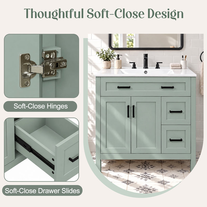 36-Inch Bathroom Vanity with Ceramic Sink, Soft-Close Doors, Sage Green, photo 7 of 10