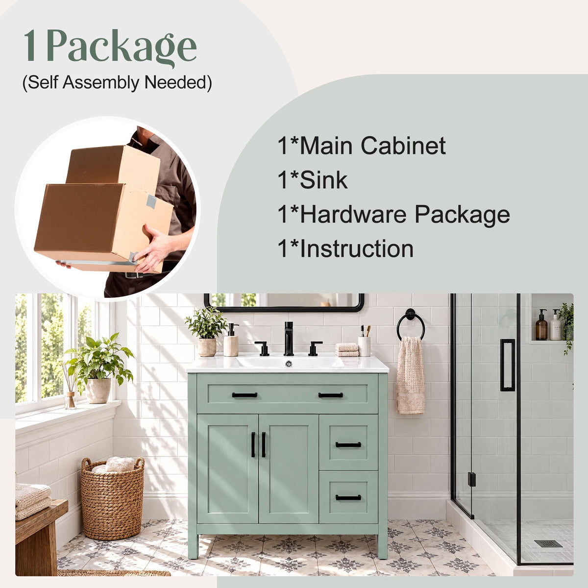 36-Inch Bathroom Vanity with Ceramic Sink, Soft-Close Doors, Sage Green, photo 9 of 10