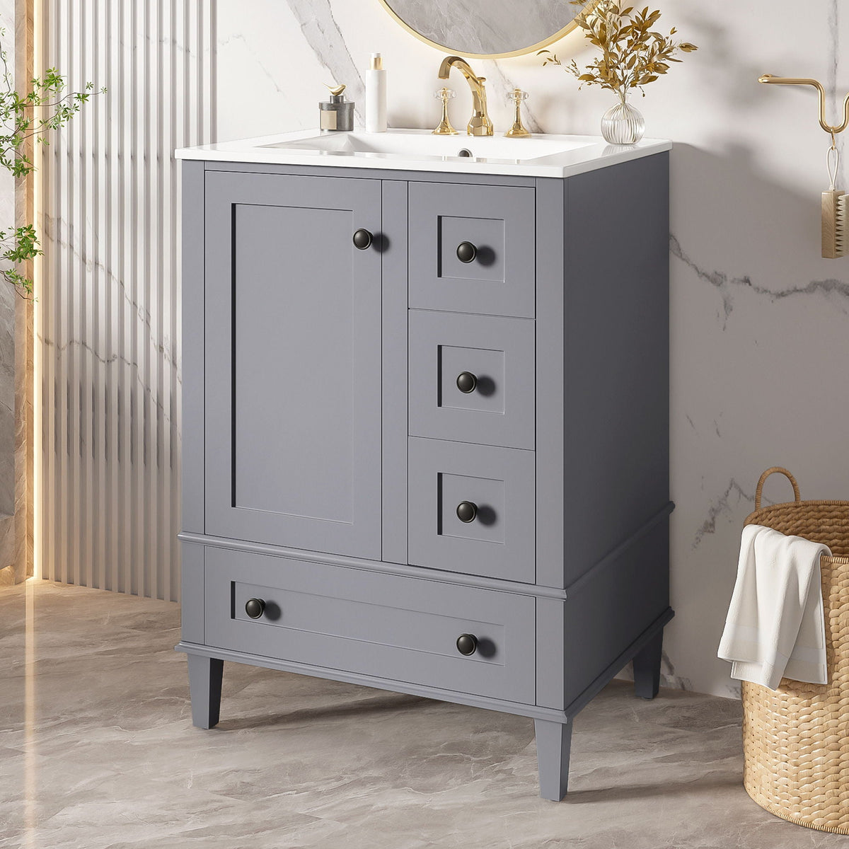 Bathroom Vanity With Integrated Basin, Soft Close Drawers, Door Mounted Double Layer Shelf, photo 11 of 16