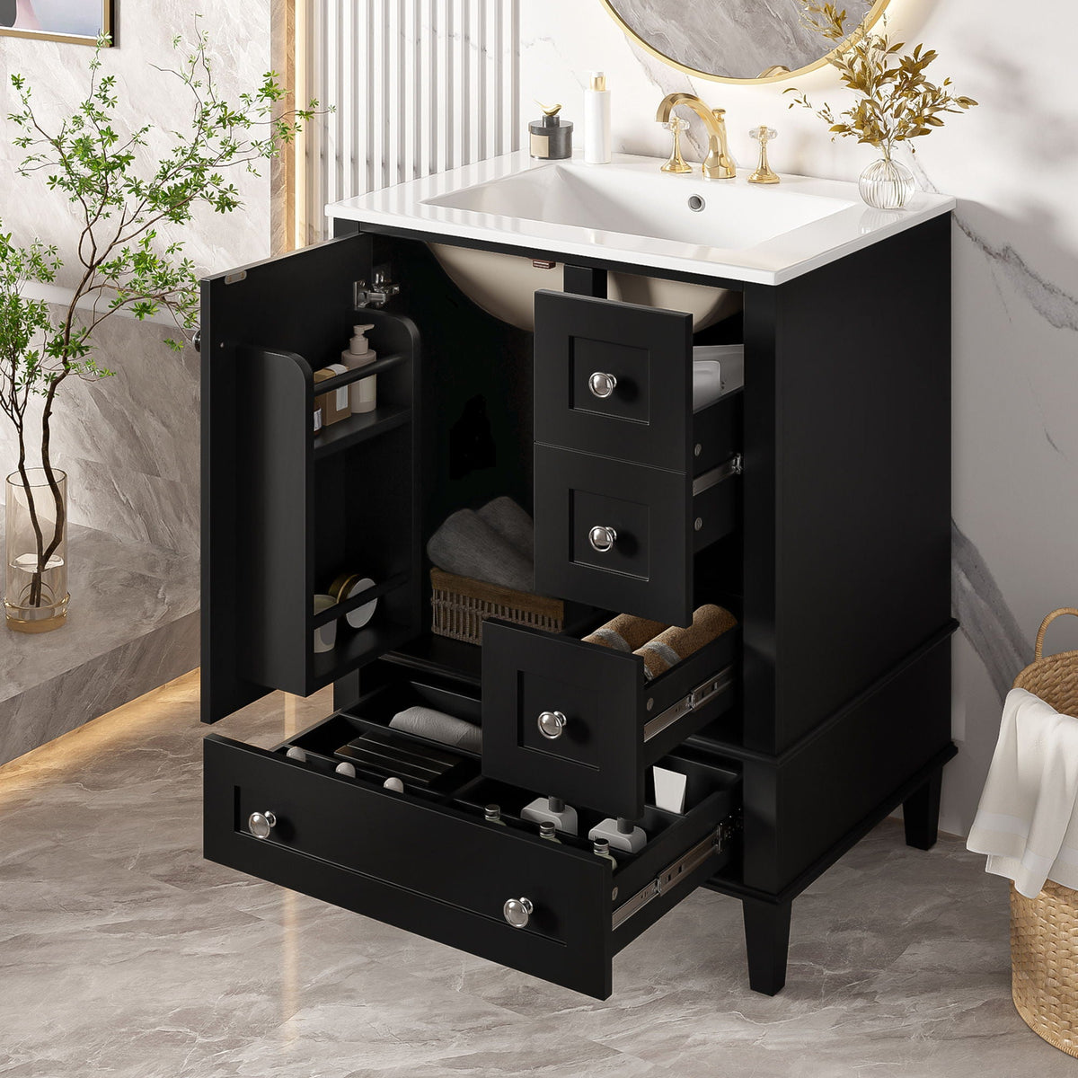 Bathroom Vanity With Integrated Basin, Soft Close Drawers, Door Mounted Double Layer Shelf, photo 15 of 16