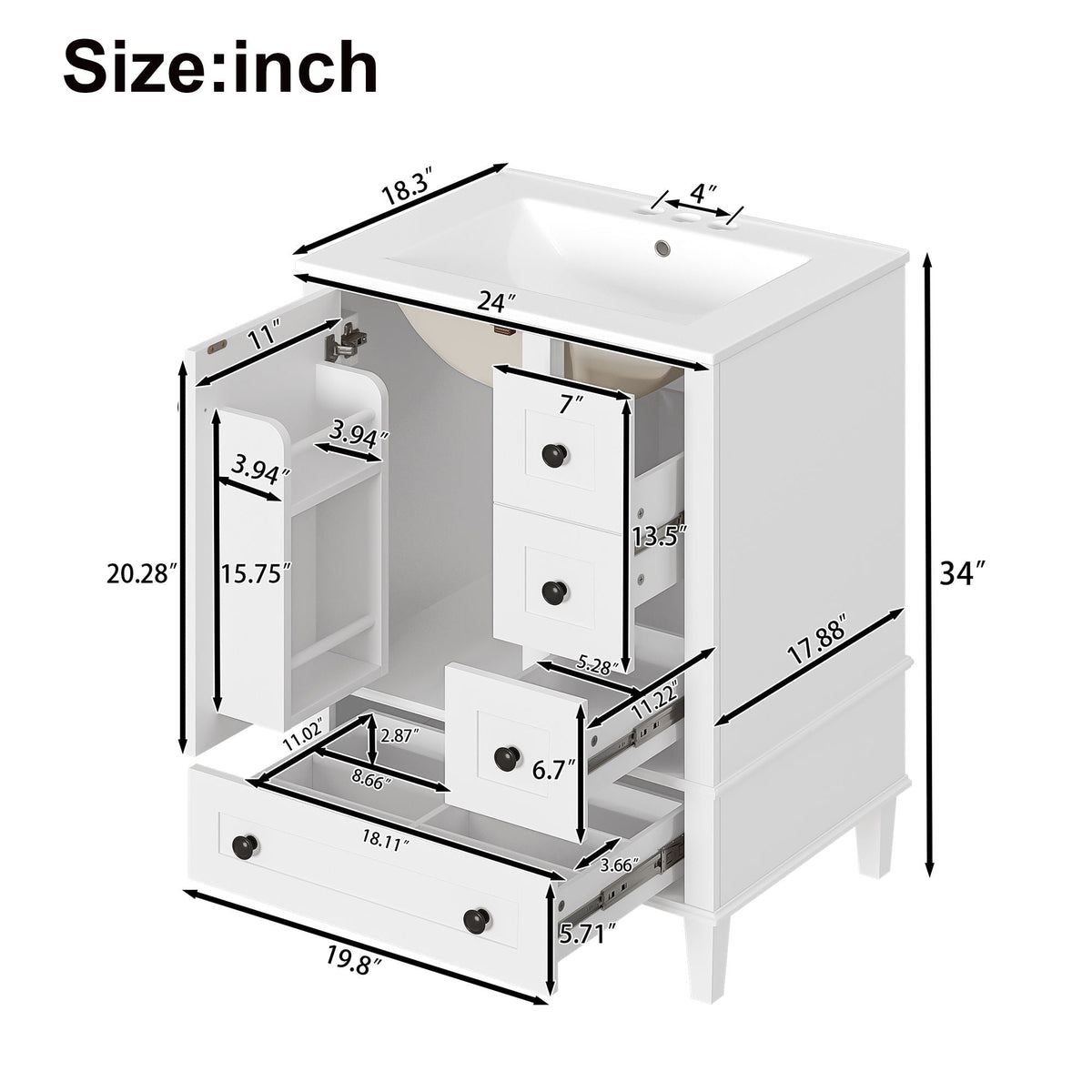Bathroom Vanity With Integrated Basin, Soft Close Drawers, Door Mounted Double Layer Shelf, photo 6 of 16