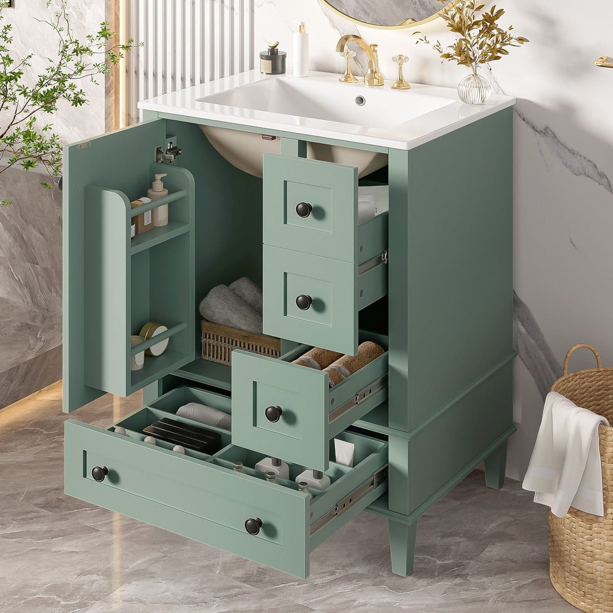 Bathroom Vanity With Integrated Basin, Soft Close Drawers, Door Mounted Double Layer Shelf, photo 9 of 16