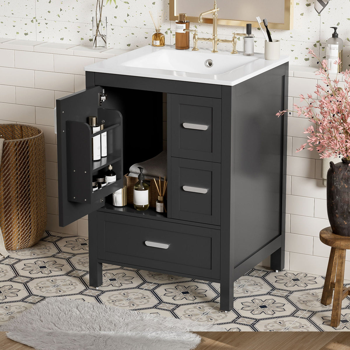 Bathroom Vanity With Sink, Soft-Close Doors, Double-Layer Shelf And 3 Drawers, photo 11 of 12
