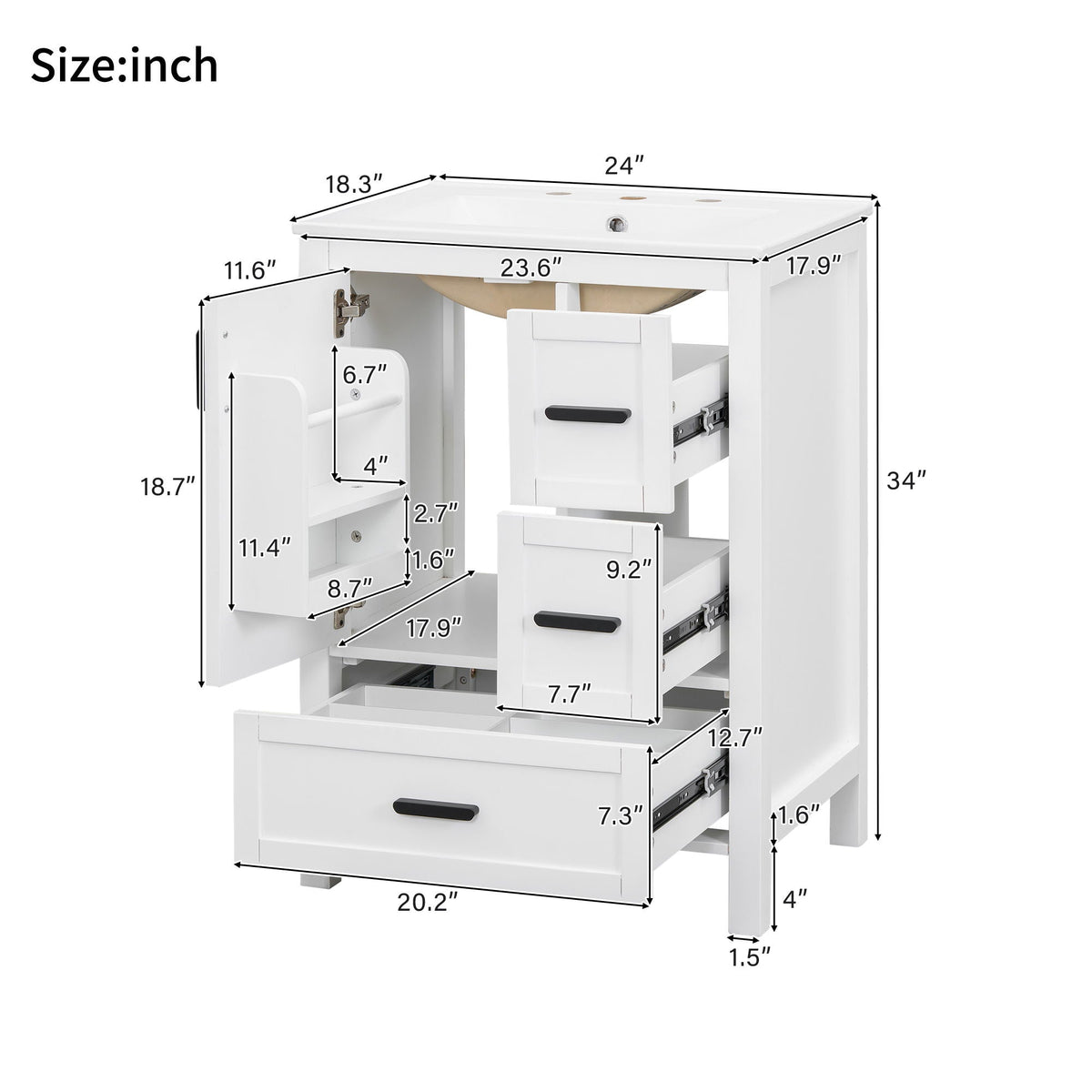Bathroom Vanity With Sink, Soft-Close Doors, Double-Layer Shelf And 3 Drawers, photo 6 of 12