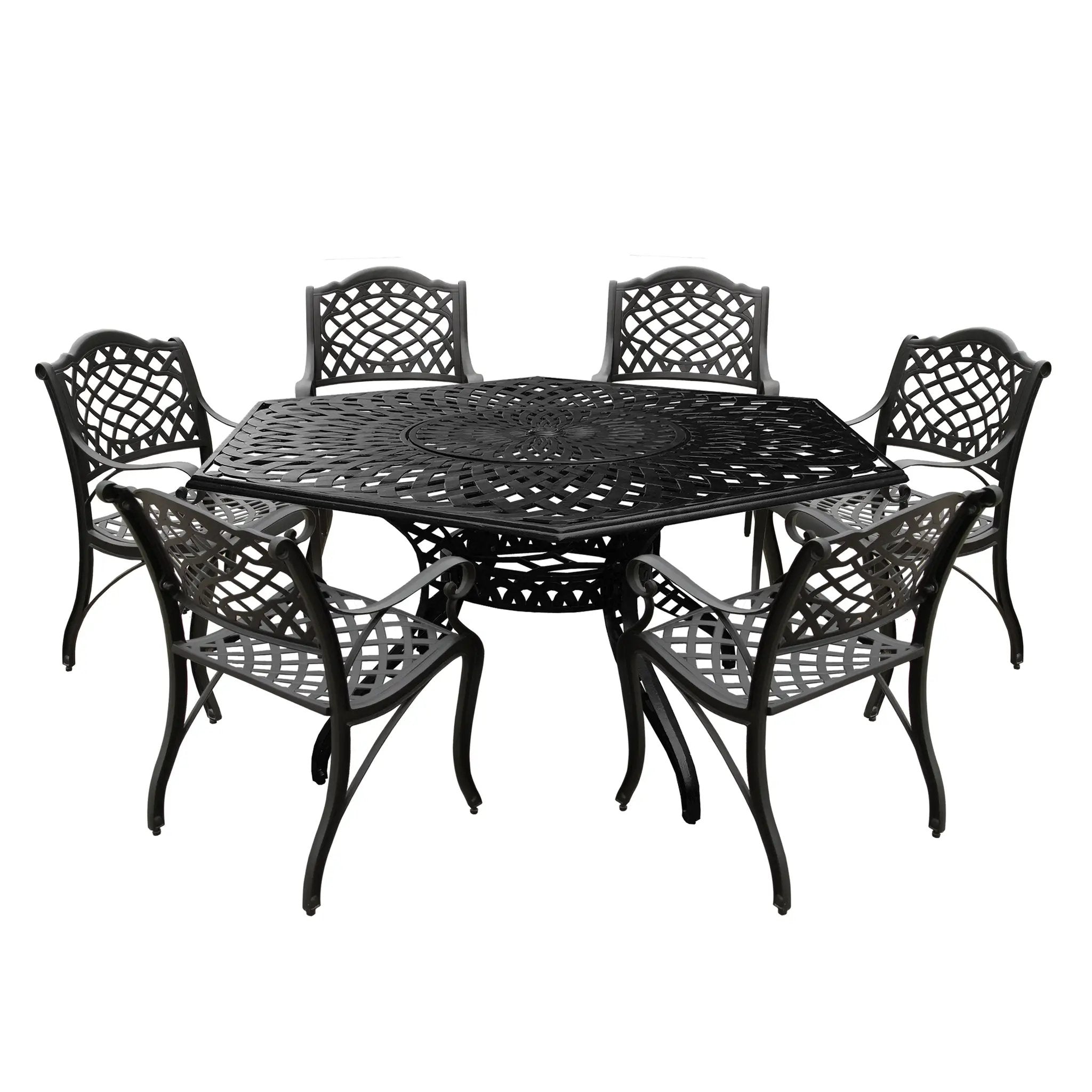 Aluminum 7pc Black Hexagon Patio Dining Set, Lazy Susan, Six Chairs by Sharicks