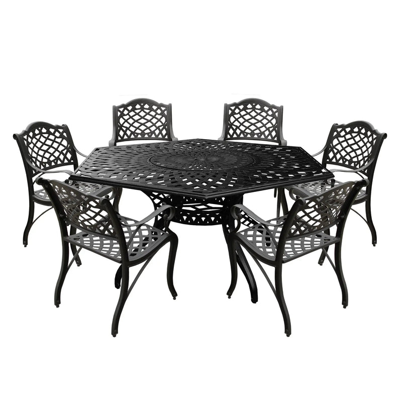 Aluminum 7pc Black Hexagon Patio Dining Set, Lazy Susan, Six Chairs by Sharicks