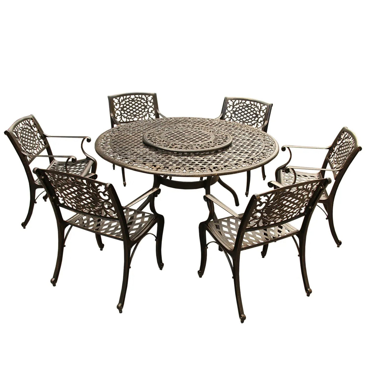 Outdoor Aluminum 7pc Round Patio Dining Set, Lazy Susan, Six Chairs by Sharicks