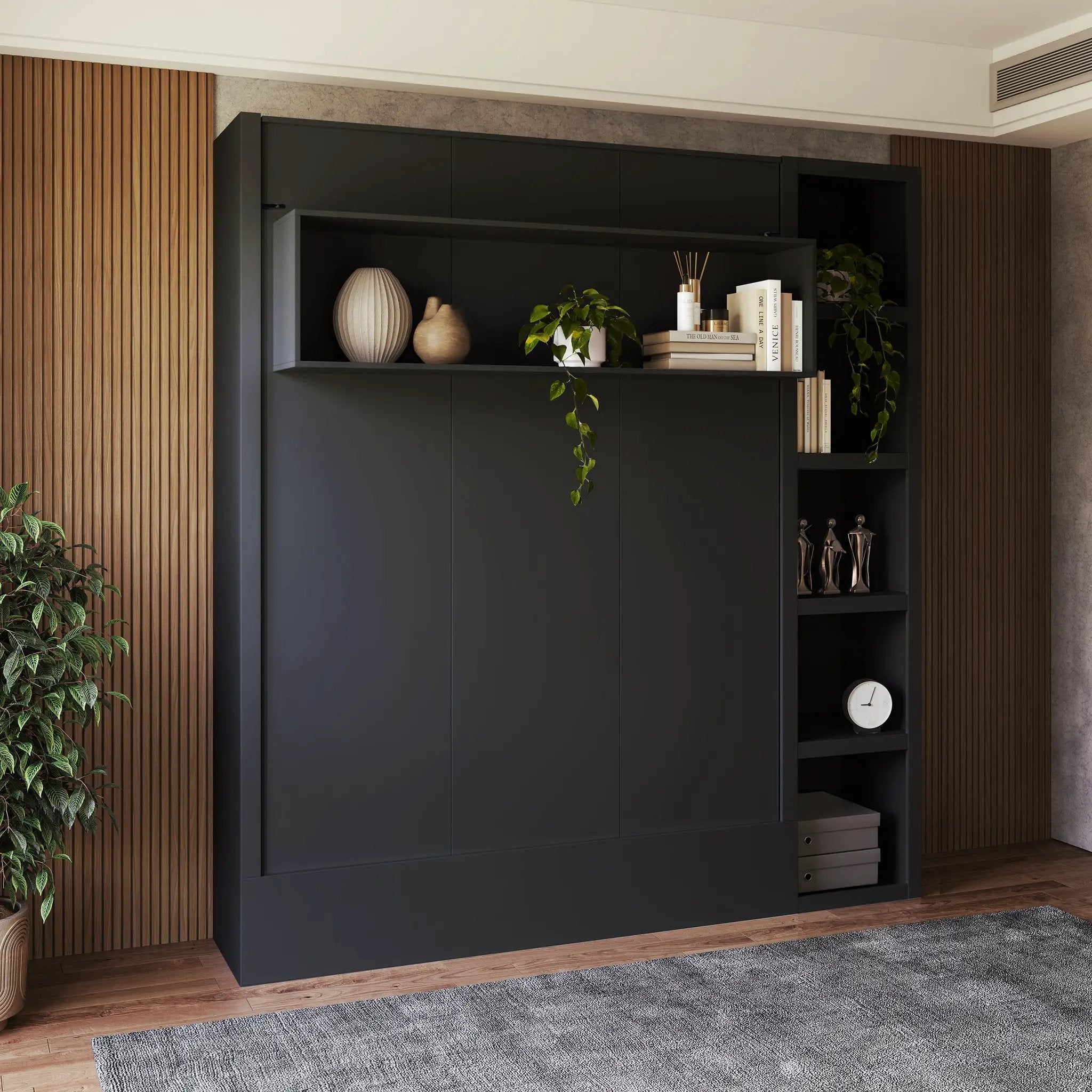 Easy-Lift Queen Murphy Wall Bed in Black with Bookshelf by Sharicks