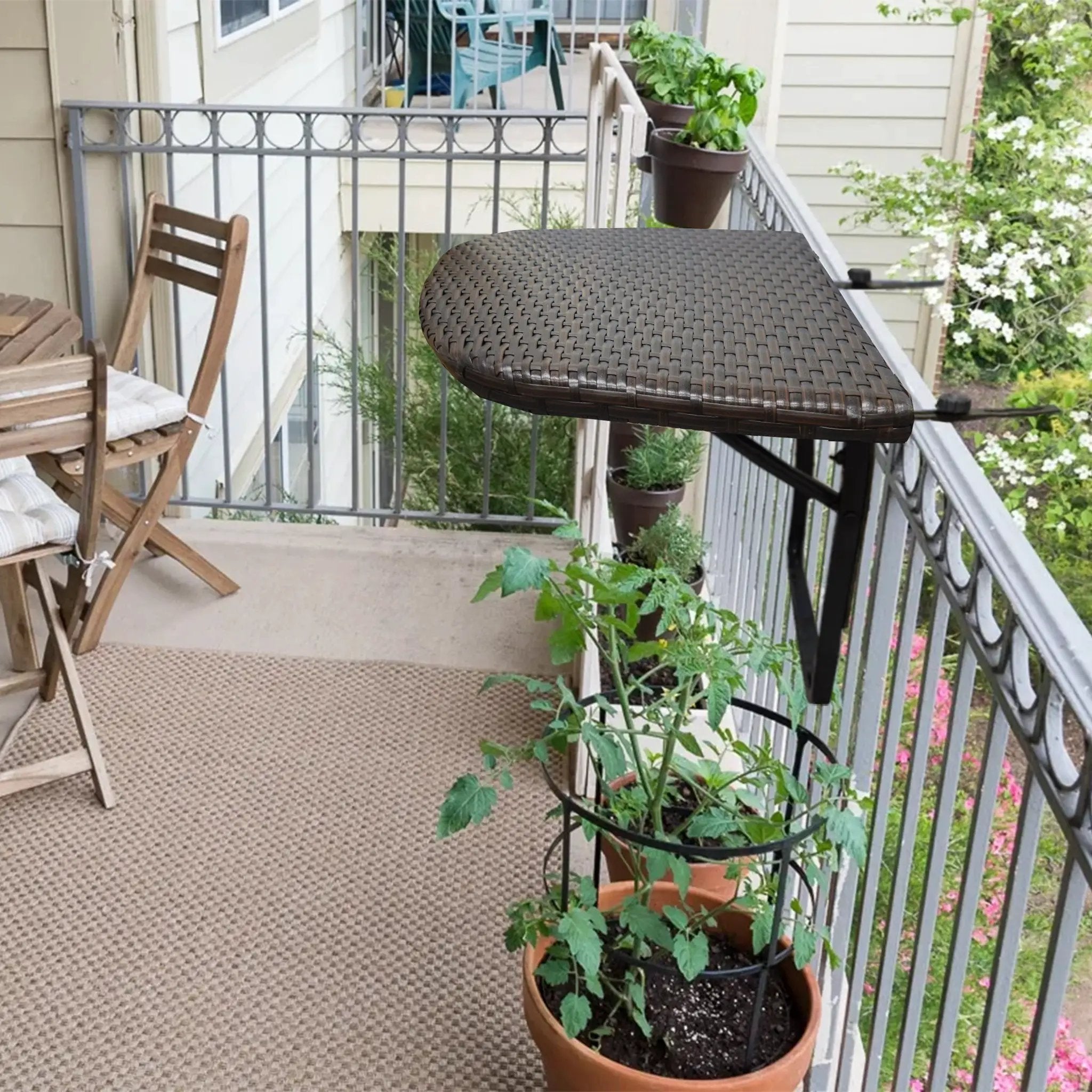 Brown Wicker Foldable Patio Balcony Table with Adjustable Clamps by Sharicks