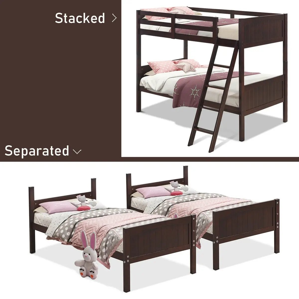 Twin Size Wooden Bunk Beds Convertible 2 Individual Beds by DirectDeals