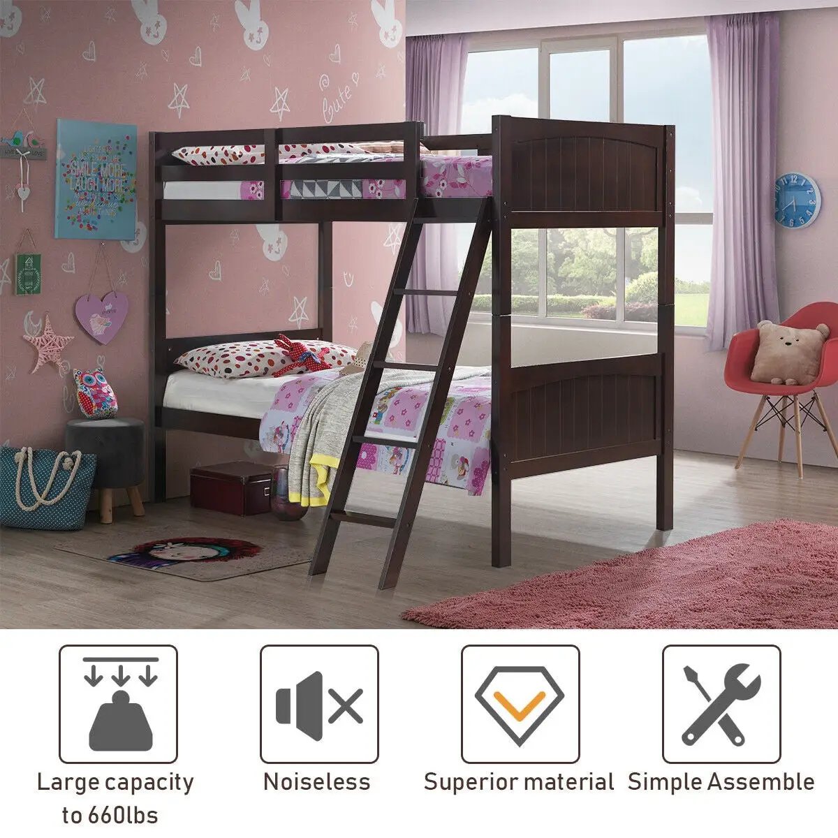 Twin Size Wooden Bunk Beds Convertible 2 Individual Beds by DirectDeals