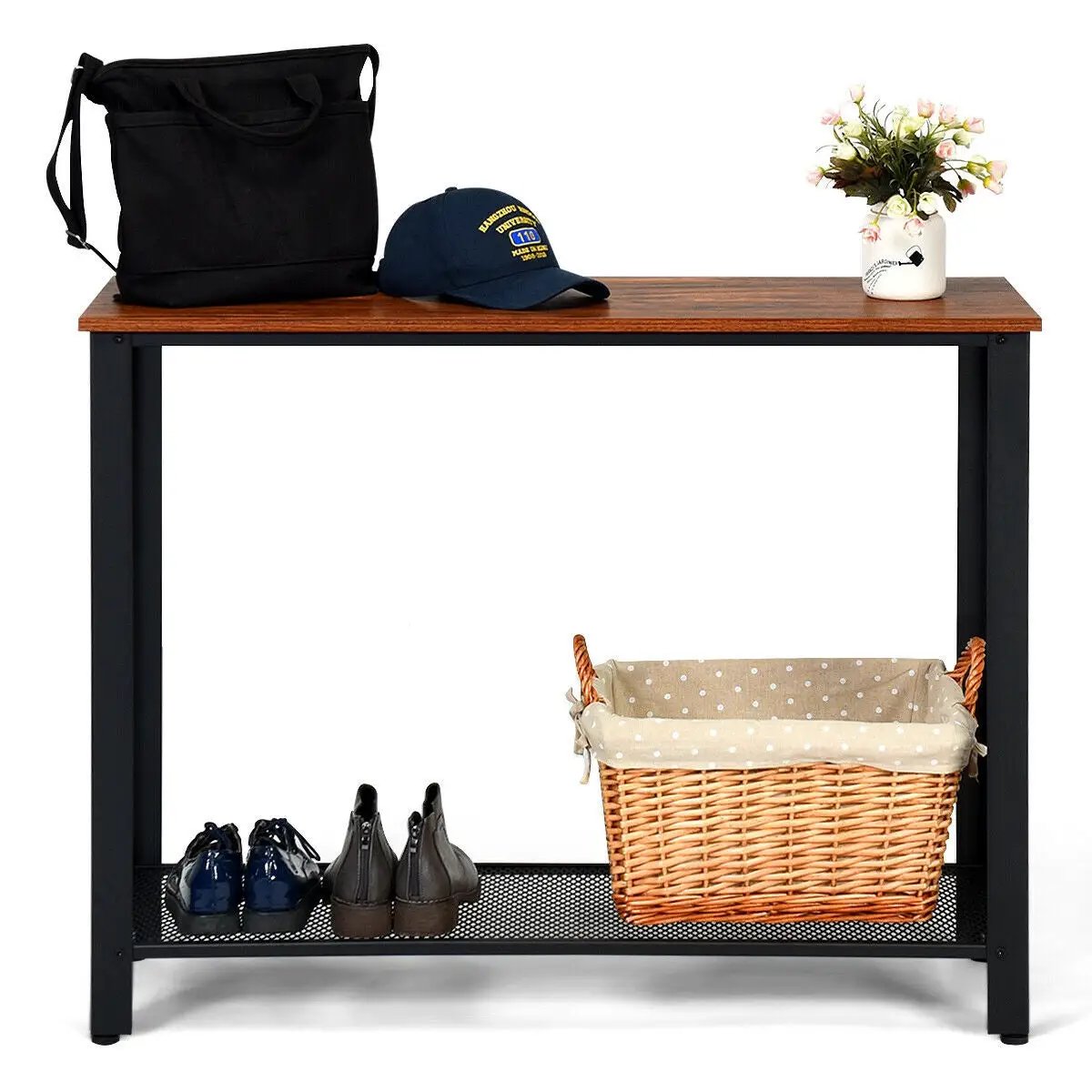 Metal Frame Wood Console Sofa Table with Storage Shelf by DirectDeals