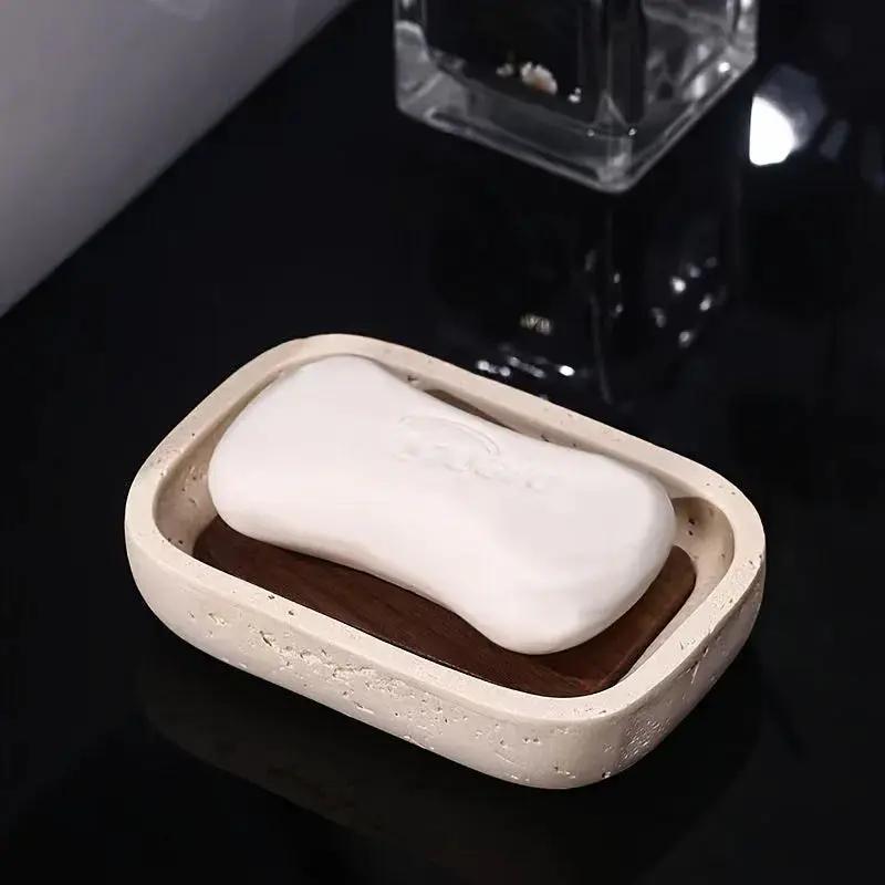 Wabi - sabi style sand - stone resin soap dish. The off - white sand - stone textured dish body is paired with a partition polished from imported North American walnut, presenting a simple and natural look. Sized approximatel by House Of Avana