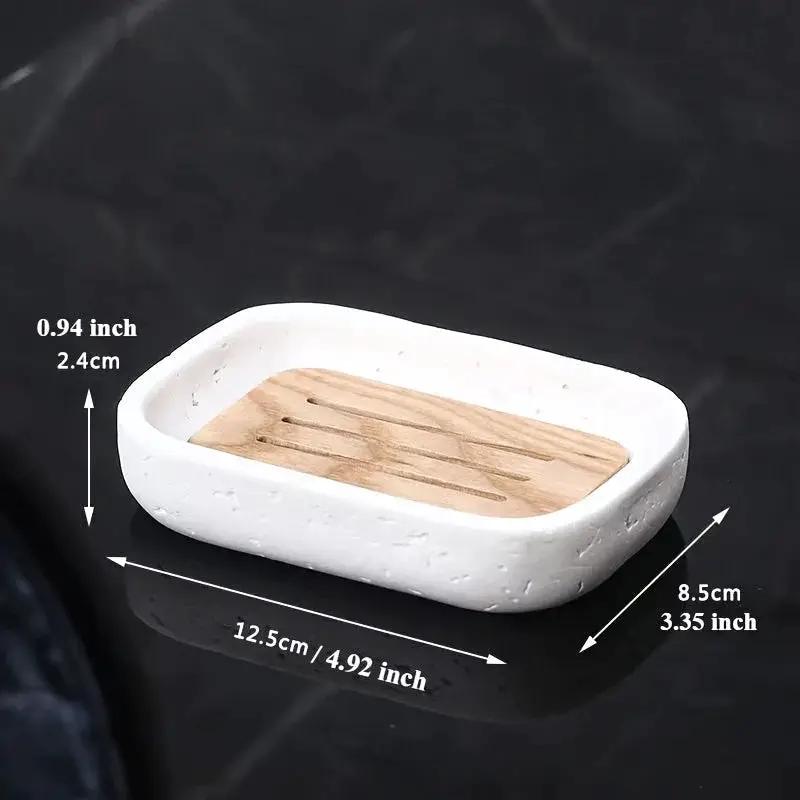 Wabi - sabi style sand - stone resin soap dish. The off - white sand - stone textured dish body is paired with a partition polished from imported North American walnut, presenting a simple and natural look. Sized approximatel by House Of Avana