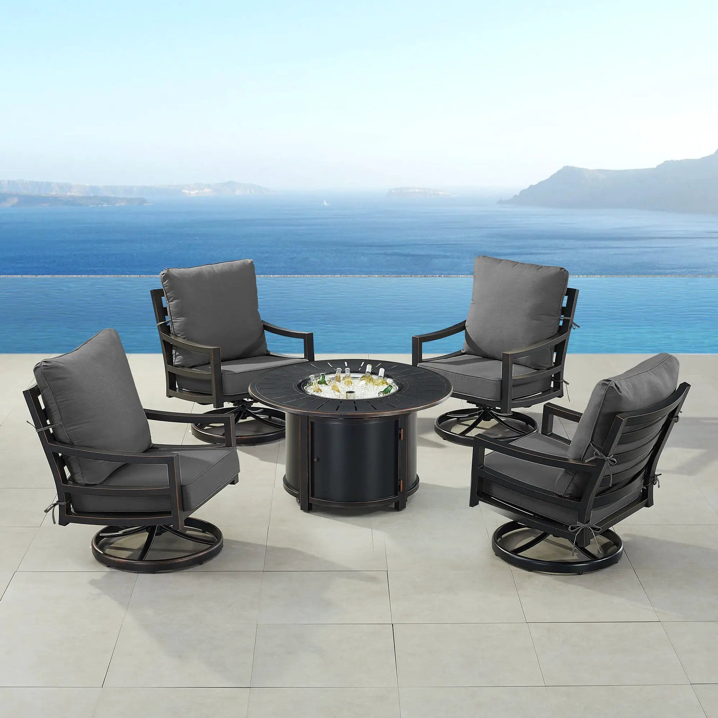 Black Aluminum Fire Table Set with Four Club Chairs by Sharicks