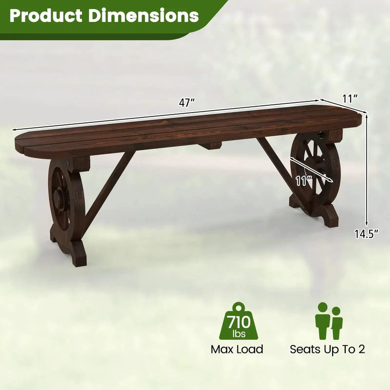 Carbonized Fir Wood Wagon Wheel Garden Bench by House Of Avana
