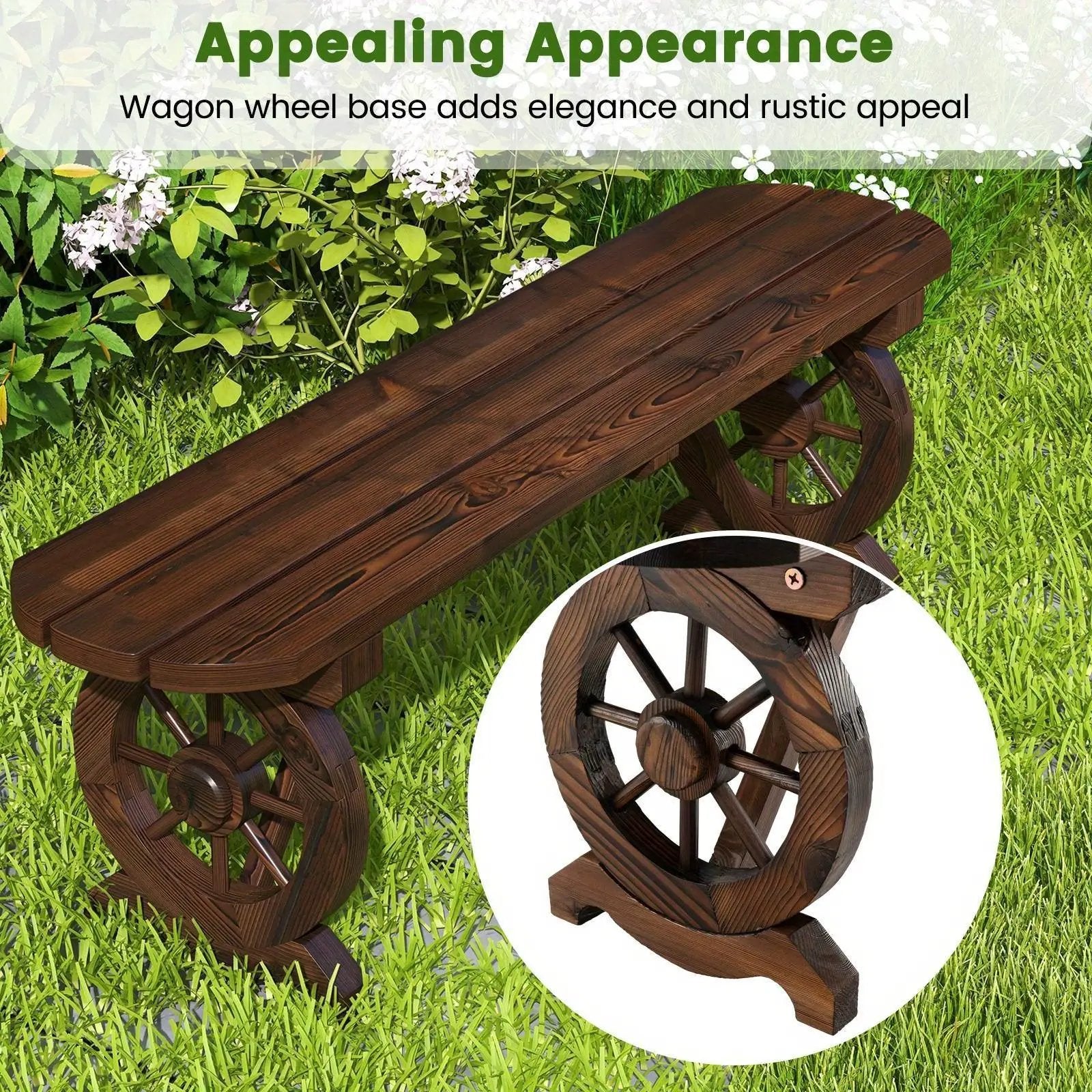 Carbonized Fir Wood Wagon Wheel Garden Bench by House Of Avana