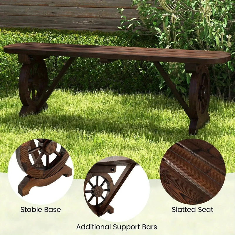 Carbonized Fir Wood Wagon Wheel Garden Bench by House Of Avana
