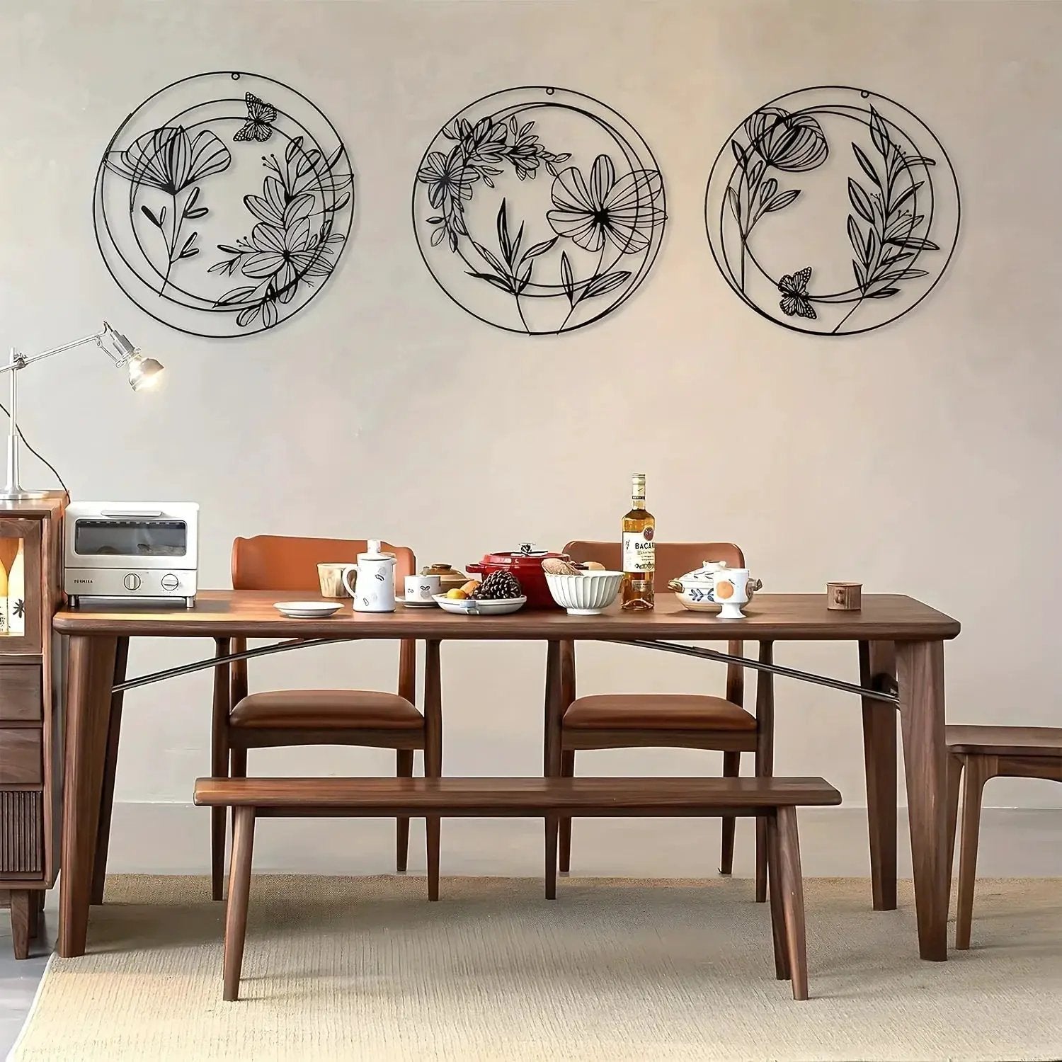 Round Floral Metal Wall Art Set – Minimalist Botanical Wall Decor (Set of 3) by House Of Avana