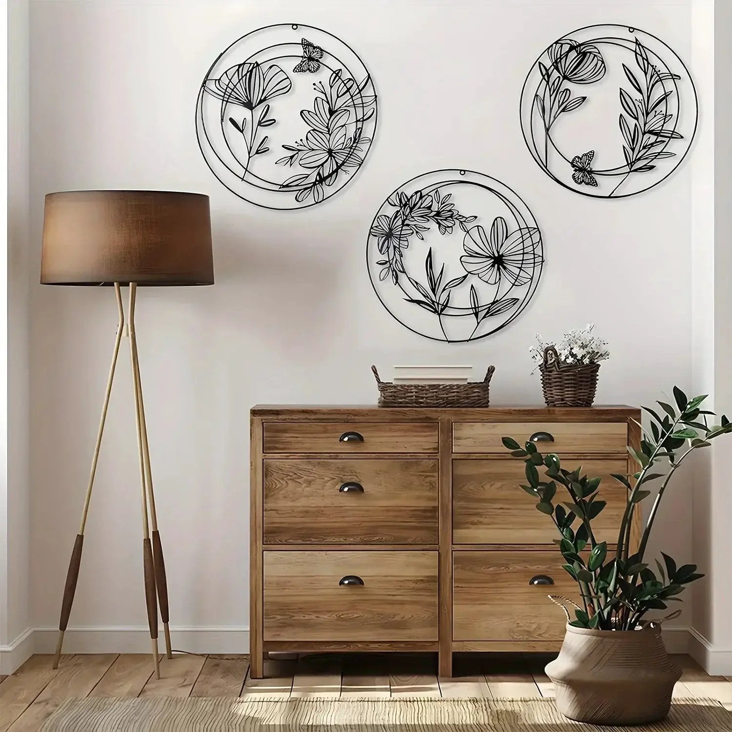 Round Floral Metal Wall Art Set – Minimalist Botanical Wall Decor (Set of 3) by House Of Avana