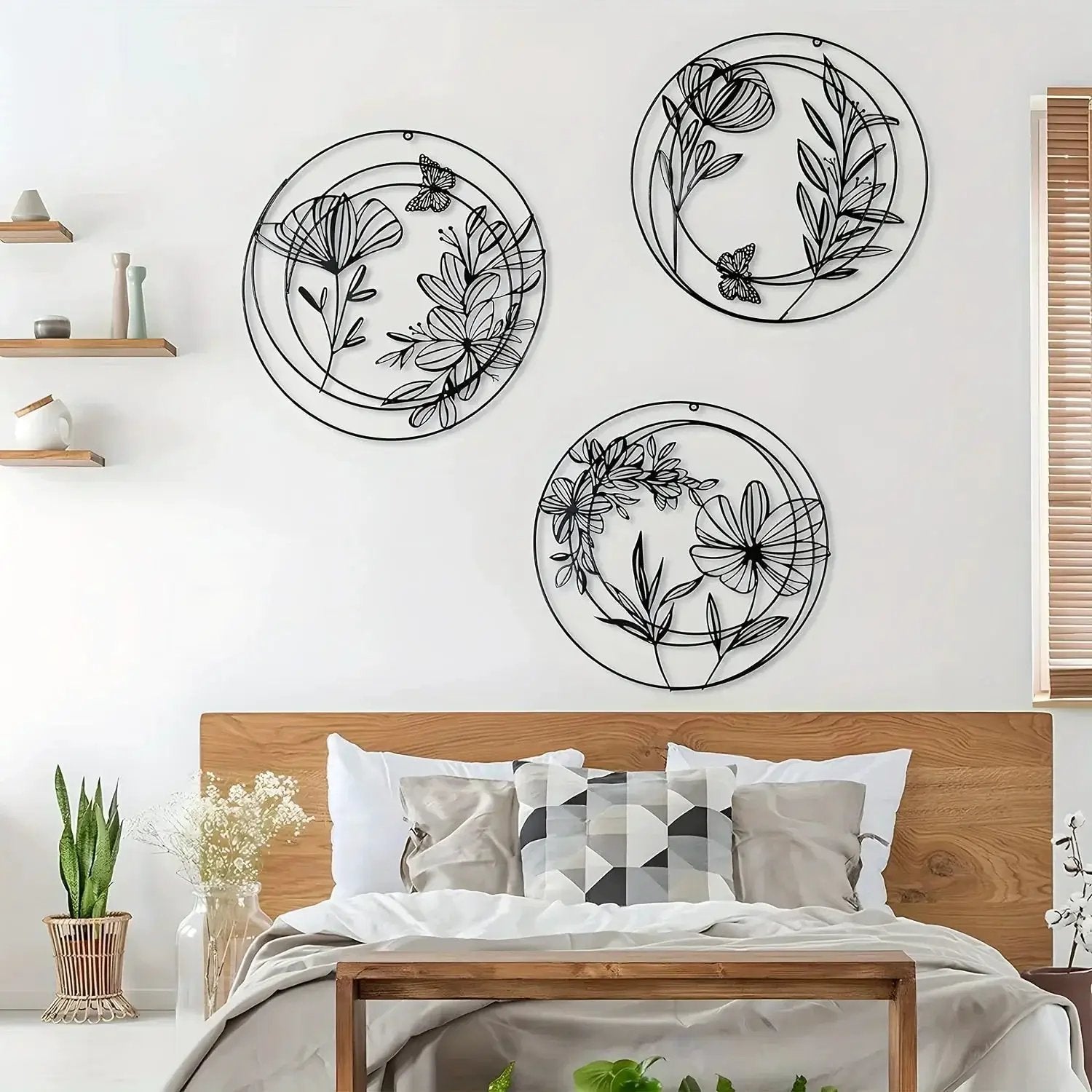 Round Floral Metal Wall Art Set – Minimalist Botanical Wall Decor (Set of 3) by House Of Avana