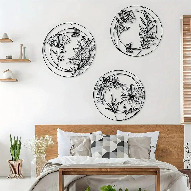 Round Floral Metal Wall Art Set – Minimalist Botanical Wall Decor (Set of 3) by House Of Avana