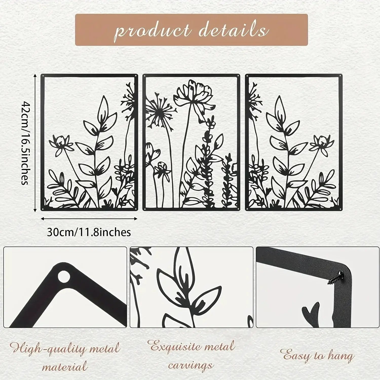 Minimalist Floral Metal Wall Art – 3 Panel Botanical Wall Decor by House Of Avana