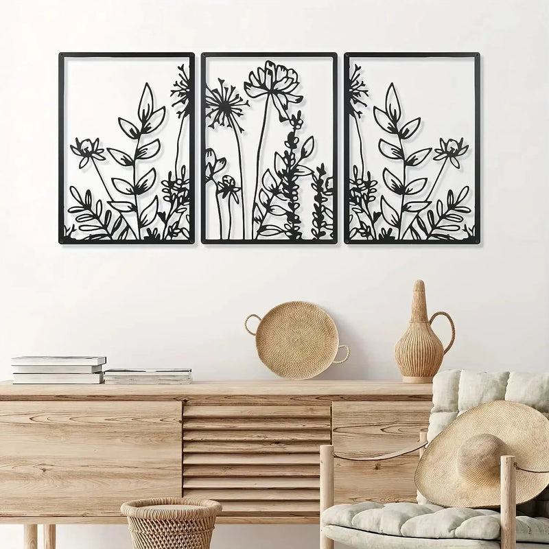 Minimalist Floral Metal Wall Art – 3 Panel Botanical Wall Decor by House Of Avana