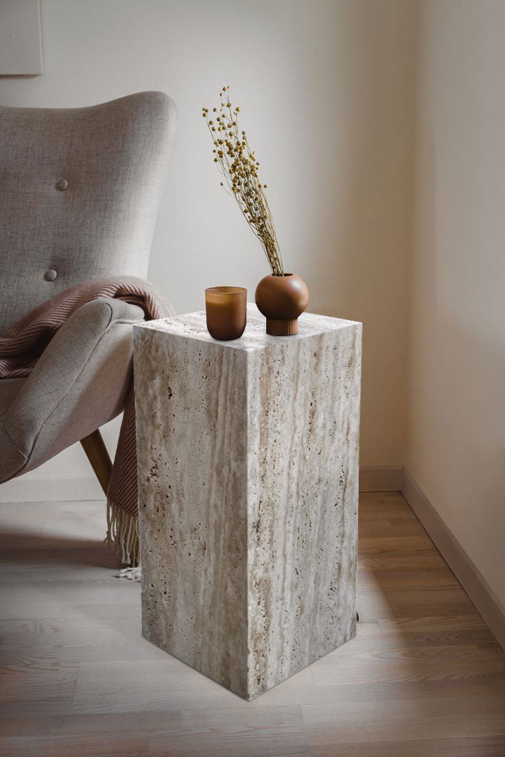 Walnut Travertine Vein-cut Cube Design End/Side Table, Nightstand Polished (W)10" (L)10" (H)24" by GobekDesign