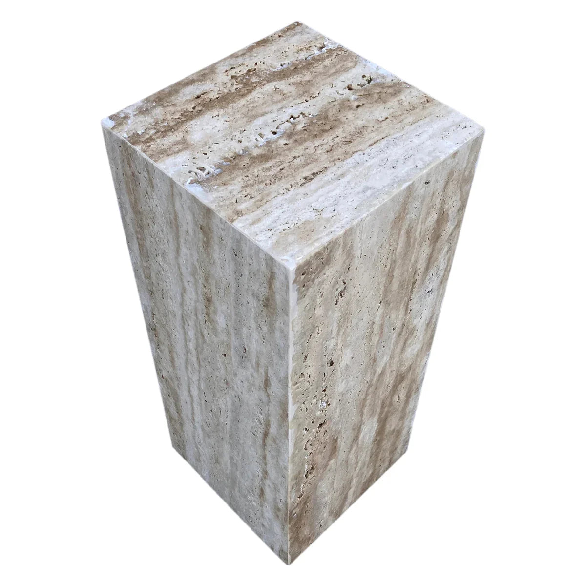 Walnut Travertine Vein-cut Cube Design End/Side Table, Nightstand Polished (W)10" (L)10" (H)24" by GobekDesign