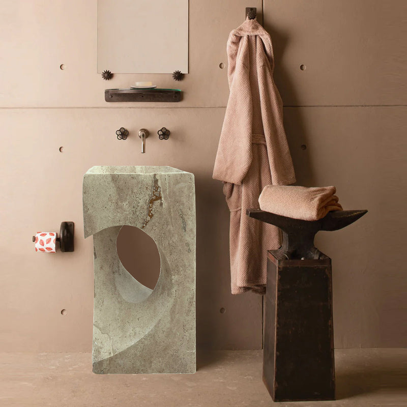Walnut Travertine Designer Pedestal Stand-Alone Hearth Shape Sink (W)18" (L)18" (H)33" by GobekDesign