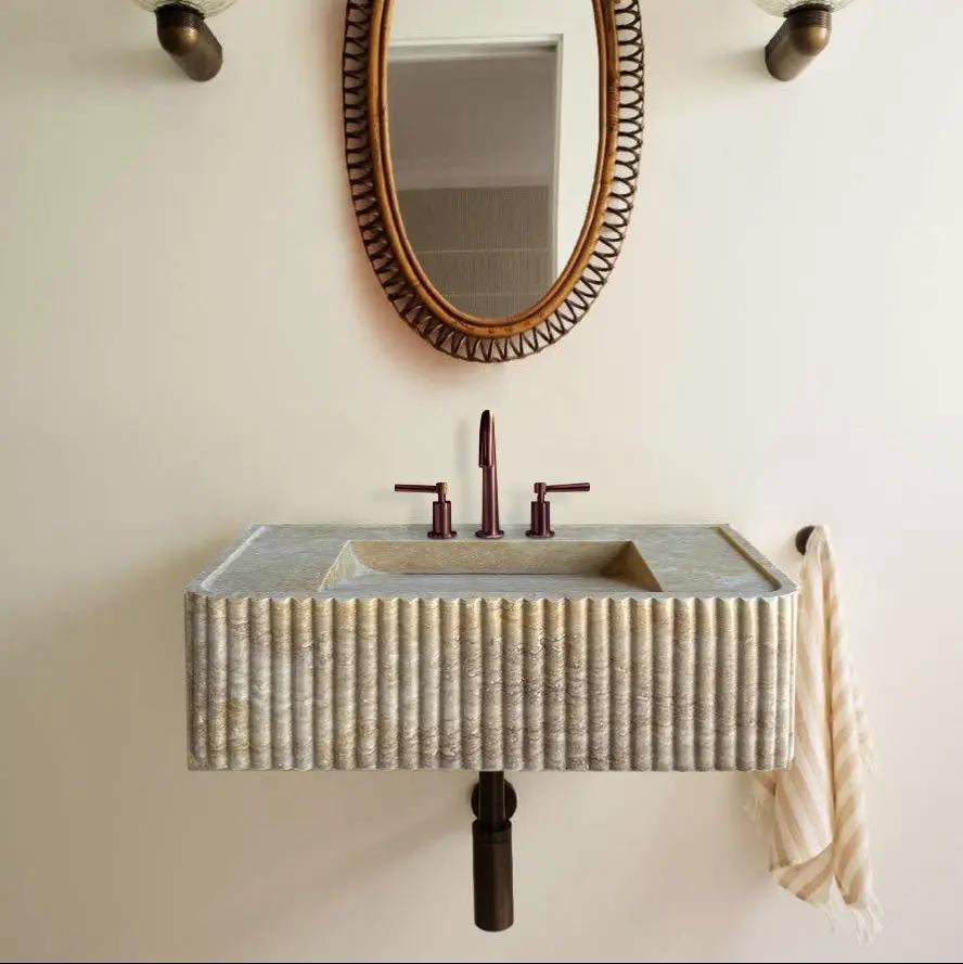 Walnut Travertine Rectangular Wall-Mount Bathroom Sink 32x16 by GobekDesign