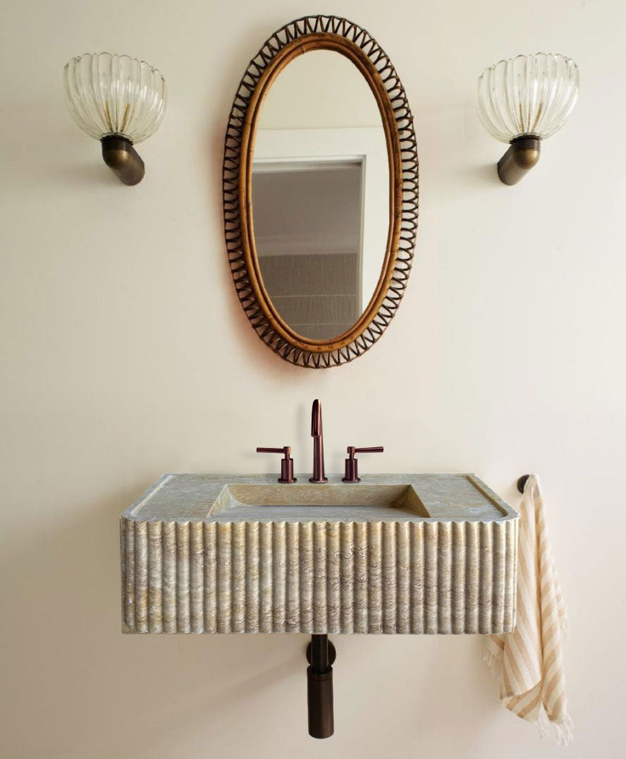 Walnut Travertine Rectangular Wall-mount Bathroom Sink Fluted (W)16" (L)32" (H)10" by GobekDesign