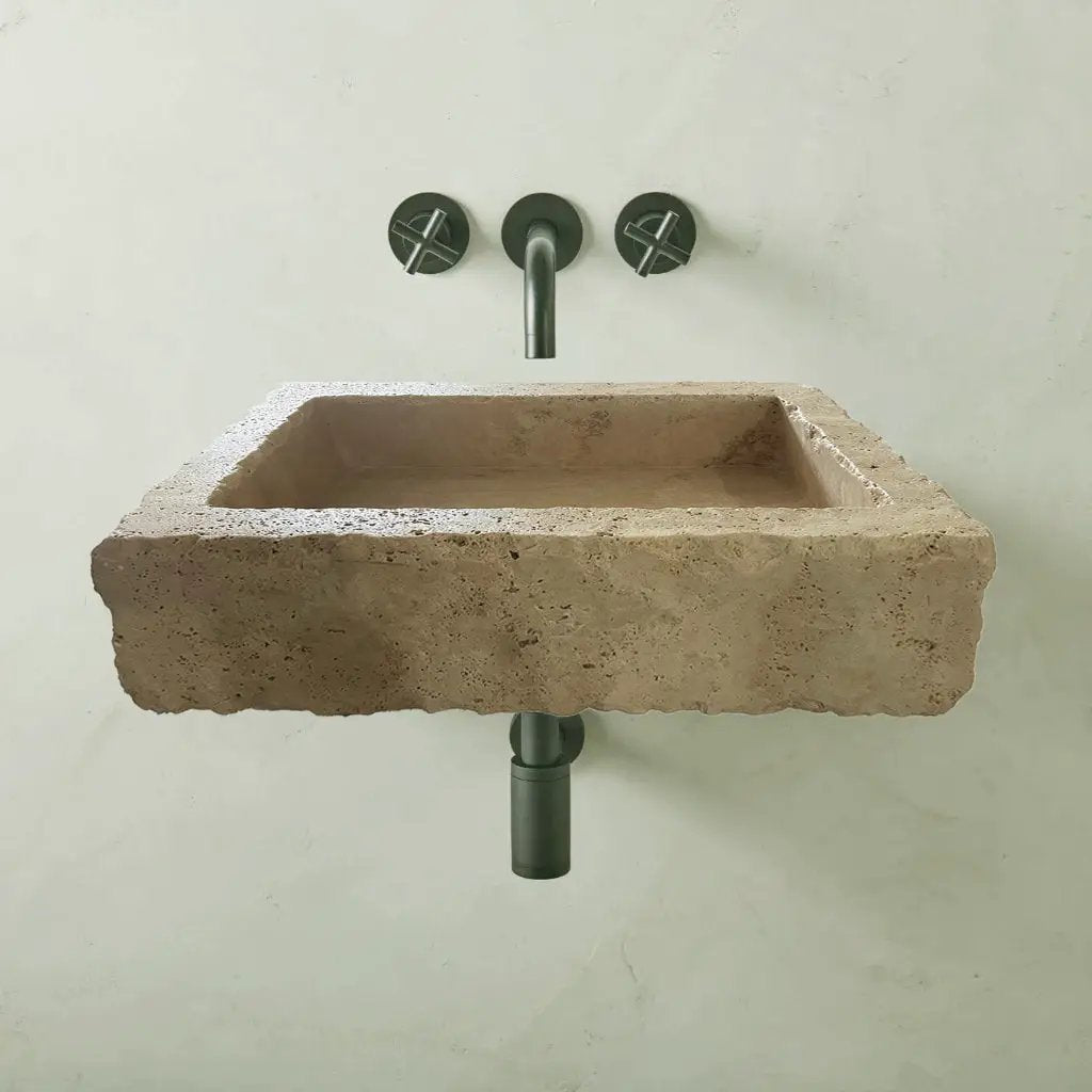 Walnut Travertine Turkish Rustic Wall-Mount Bathroom Sink 20x30x8 Artisanal Stone by GobekDesign