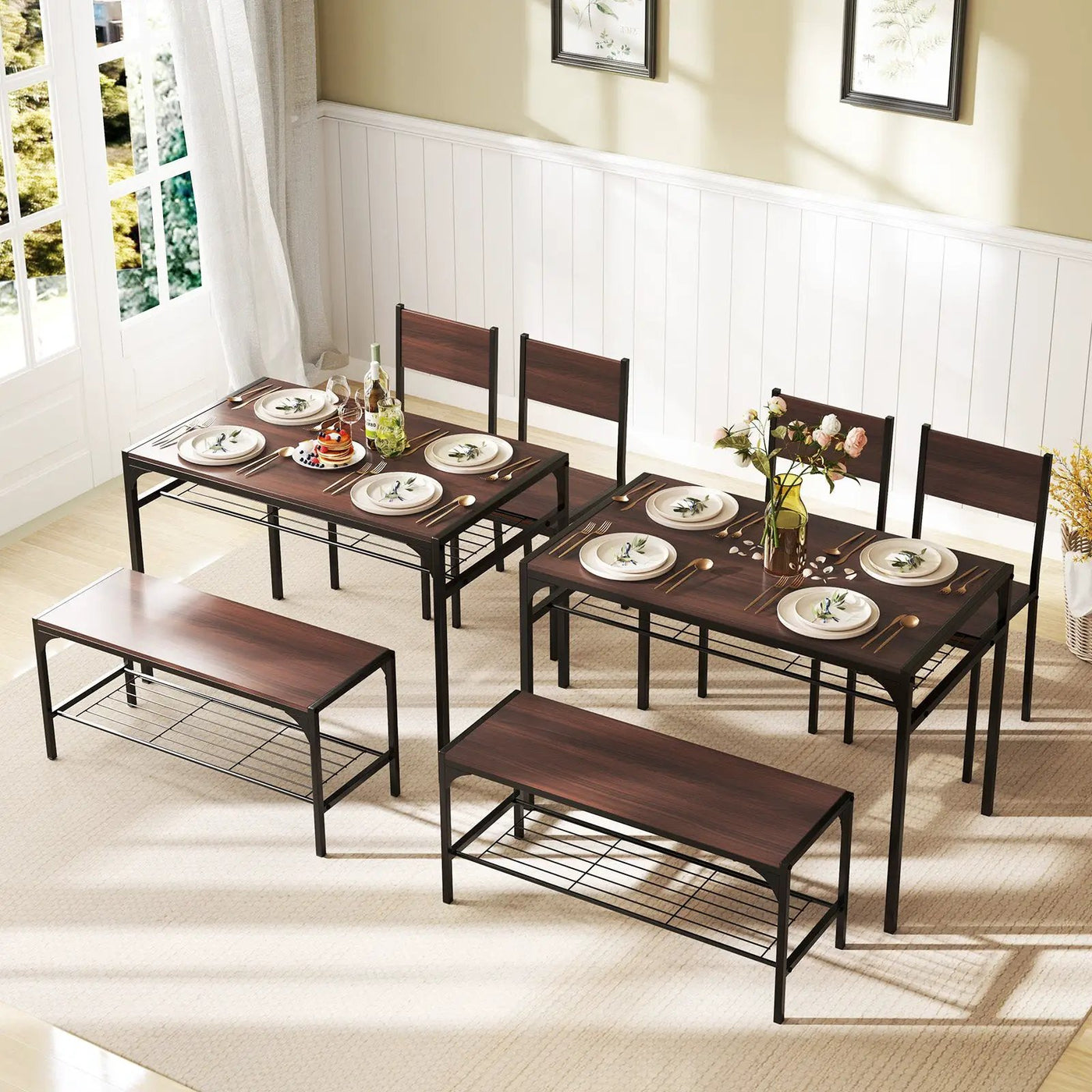 Industrial Style Rectangular Kitchen Table with Bench and Chairs by DirectDeals