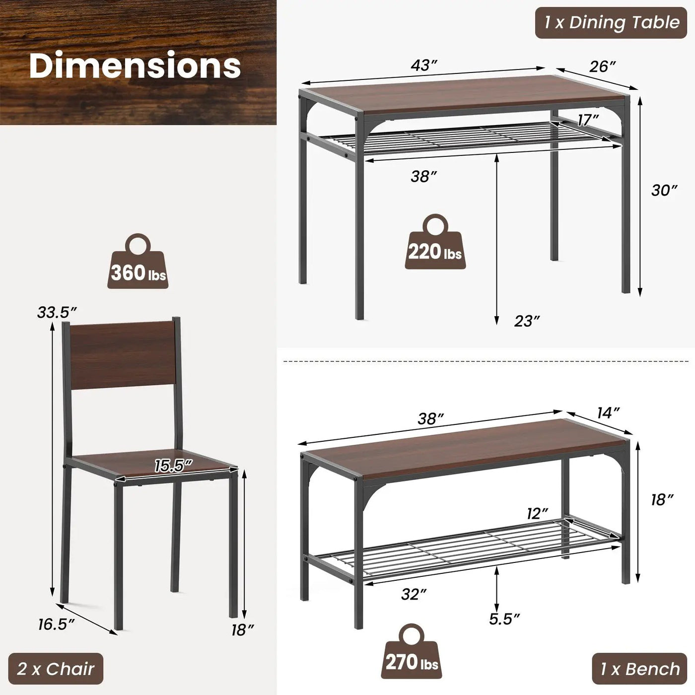 Industrial Style Rectangular Kitchen Table with Bench and Chairs by DirectDeals