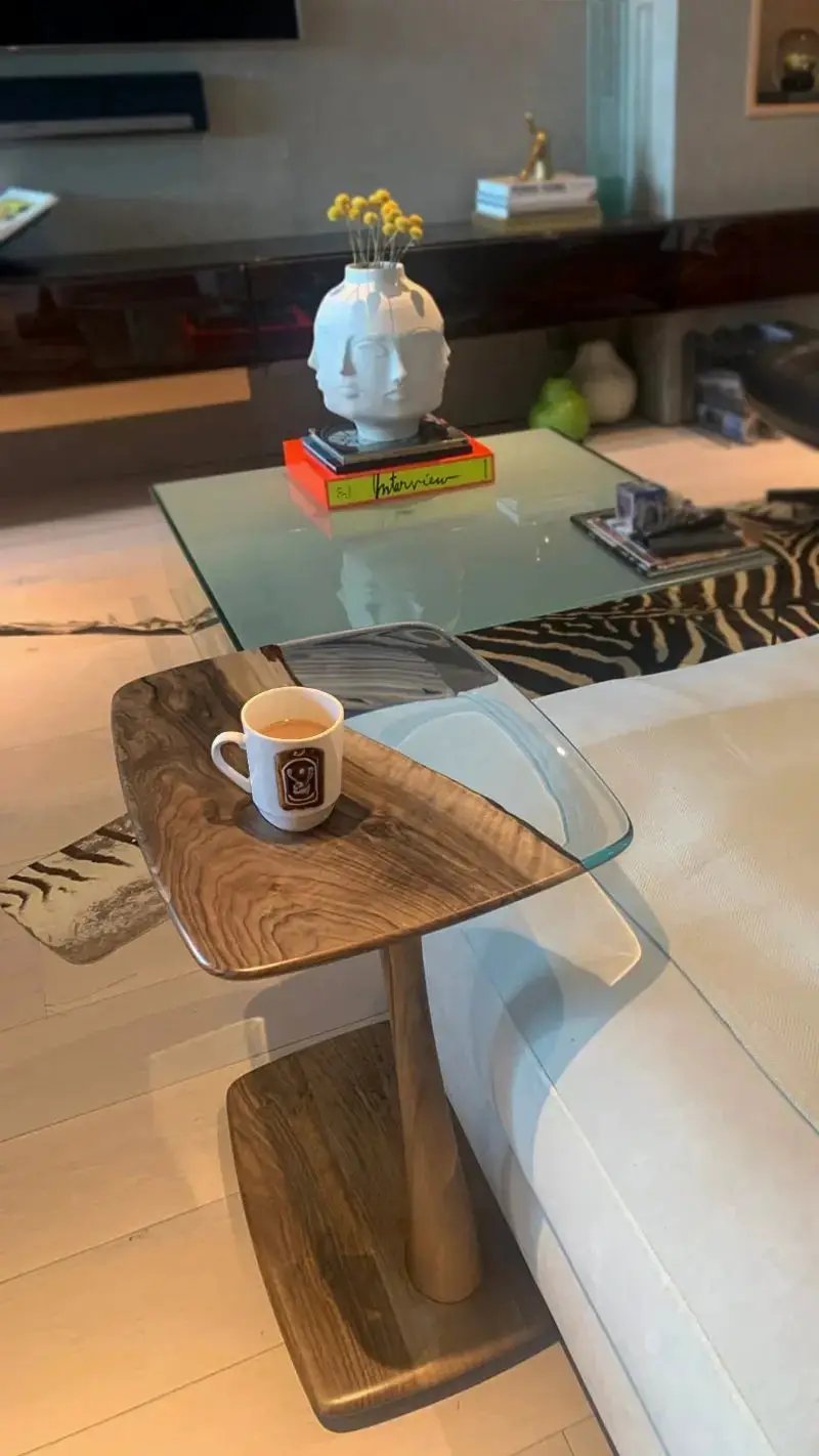 C-Shaped Walnut & Resin End Table with Wheels by Gizz