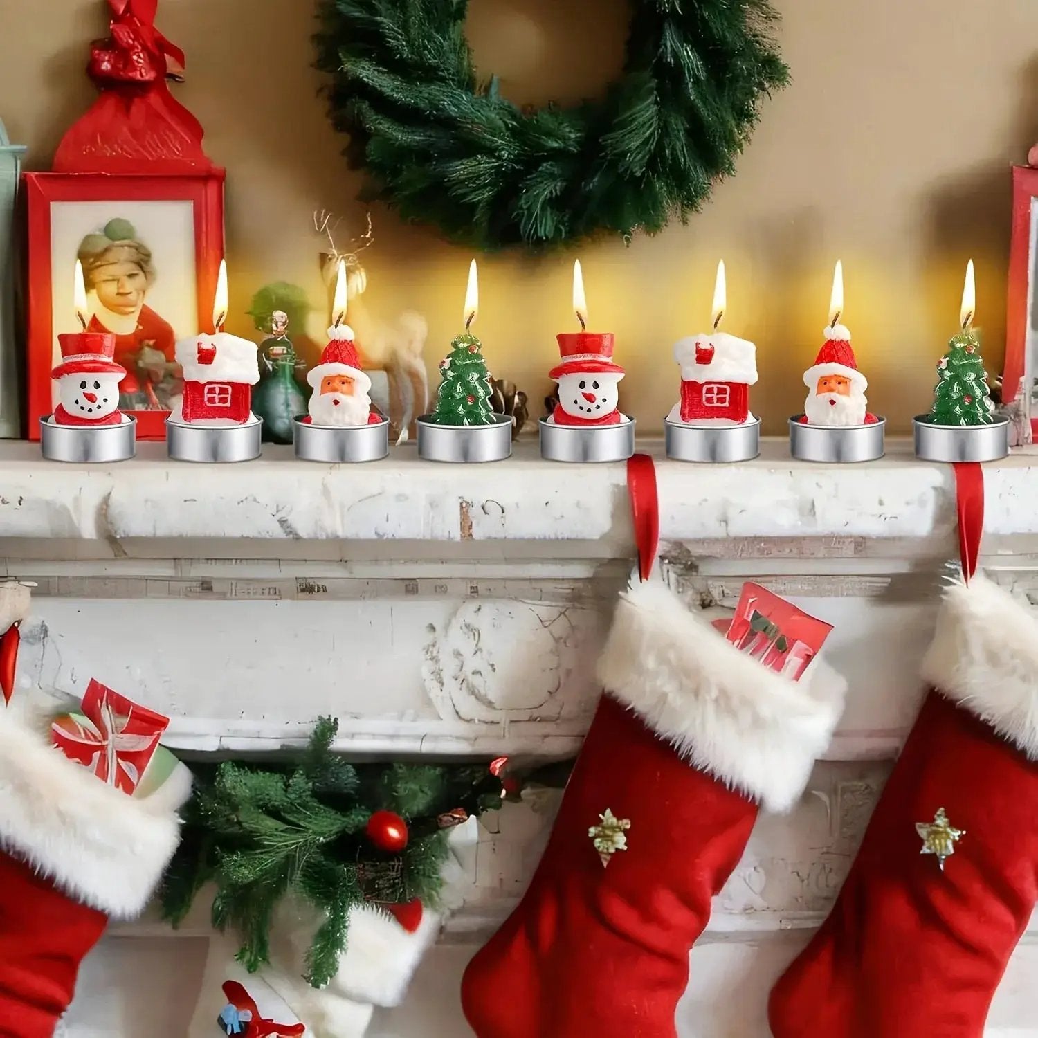 Wax Christmas Candles with Santa and Snowman Designs in Red and White by House Of Avana