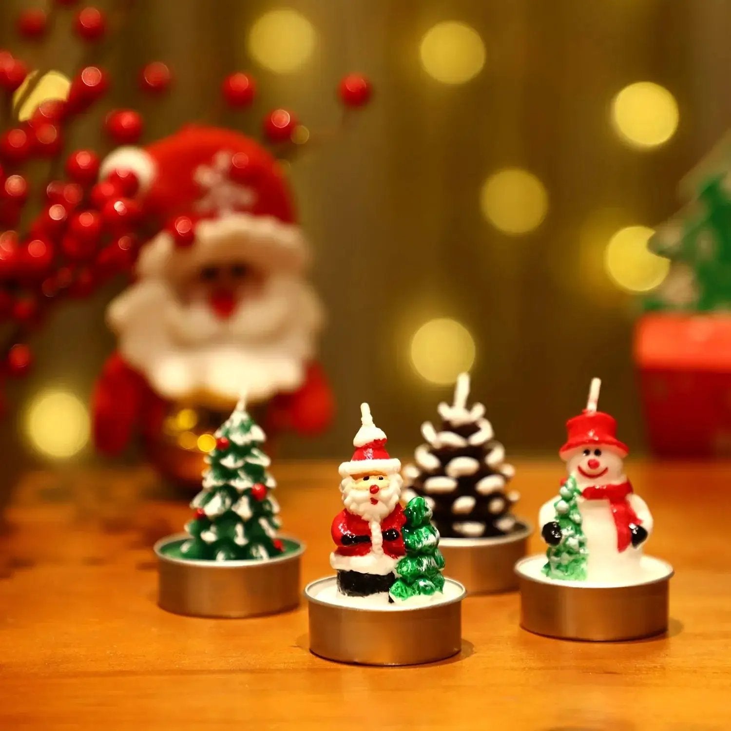 Wax Christmas Candles with Santa and Snowman Designs in Red and White by House Of Avana