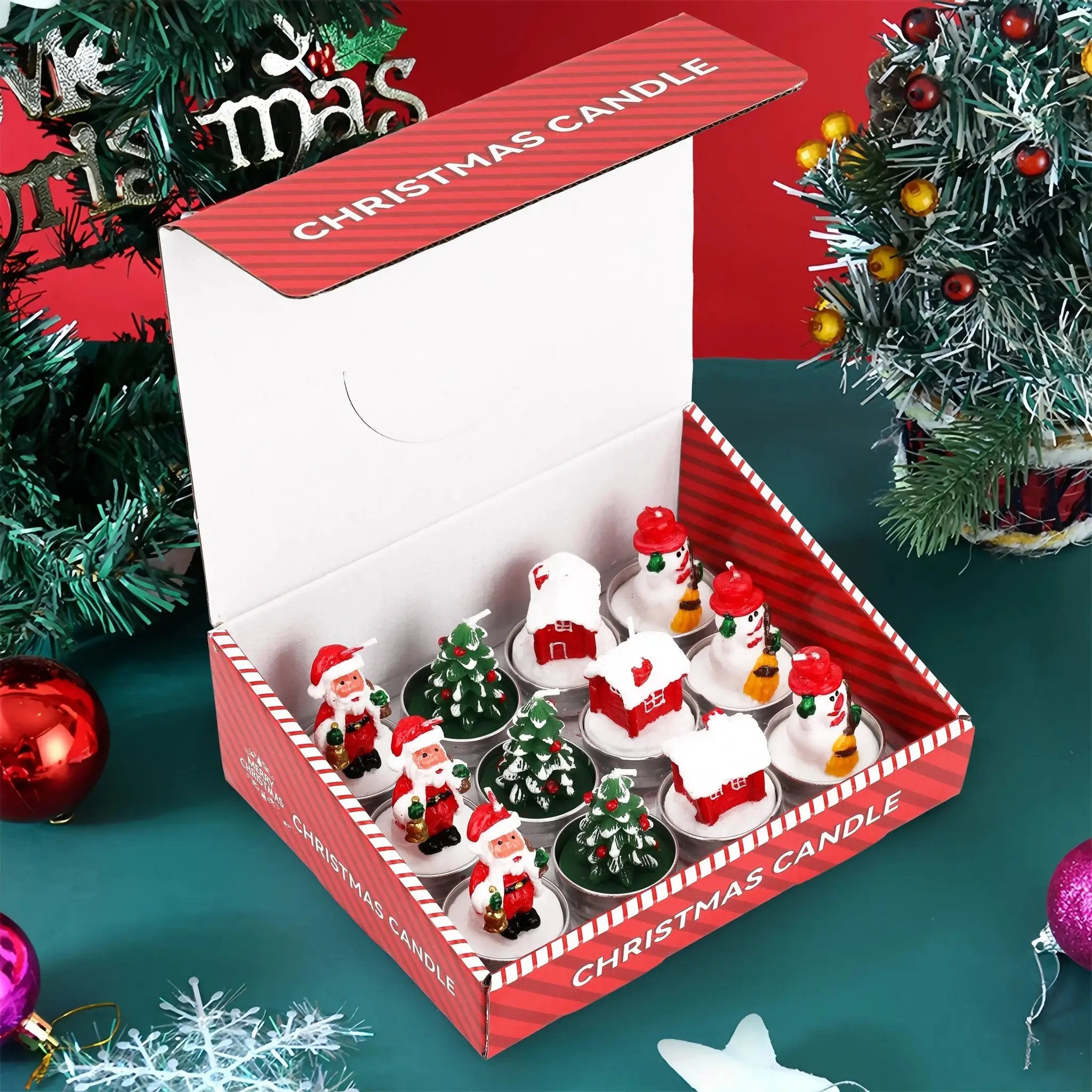 Wax Christmas Candles with Santa and Snowman Designs in Red and White by House Of Avana