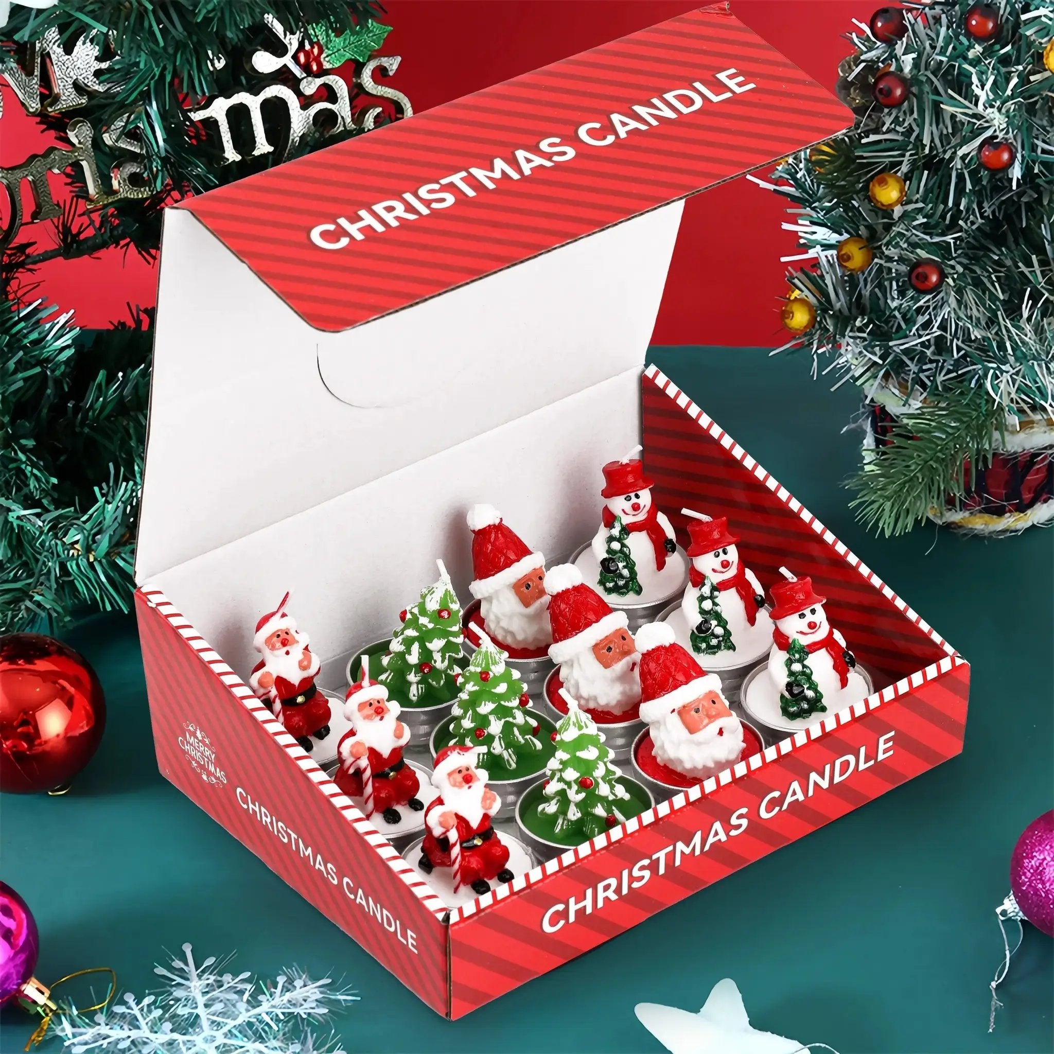 Wax Christmas Candles with Santa and Snowman Designs in Red and White by House Of Avana