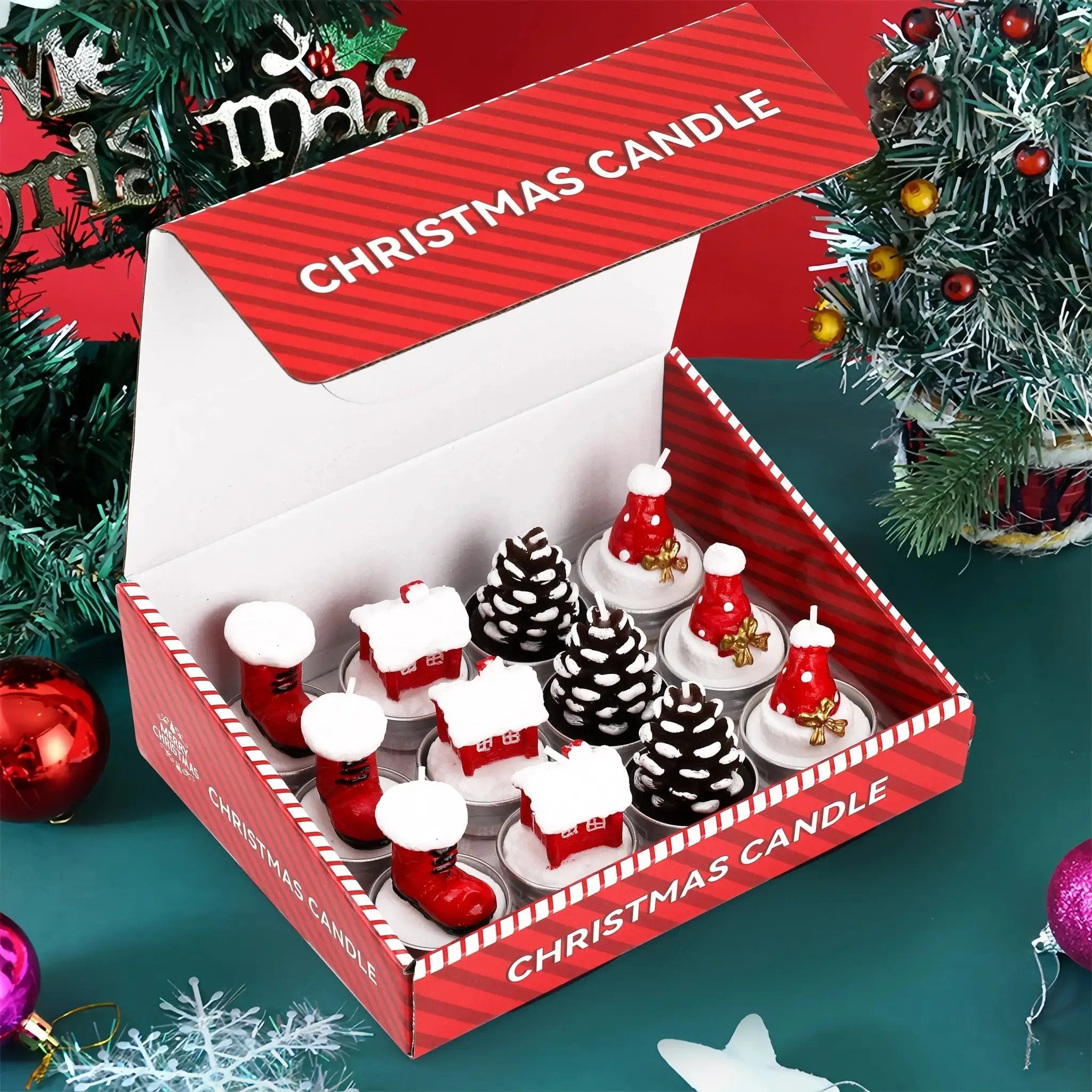 Wax Christmas Candles with Santa and Snowman Designs in Red and White by House Of Avana